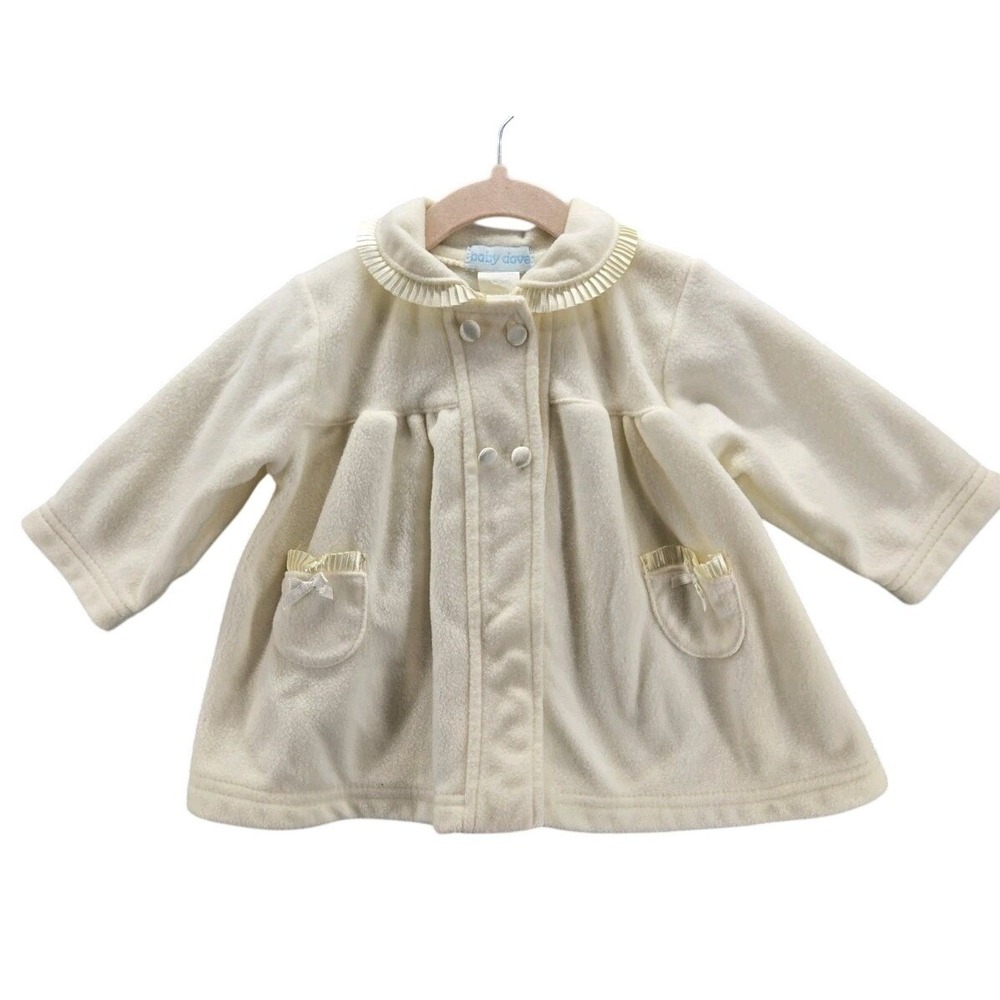 Vtg Baby Dove Ivory Fleece PeaCoat Overcoat Buttons Christening Babydoll 18 M